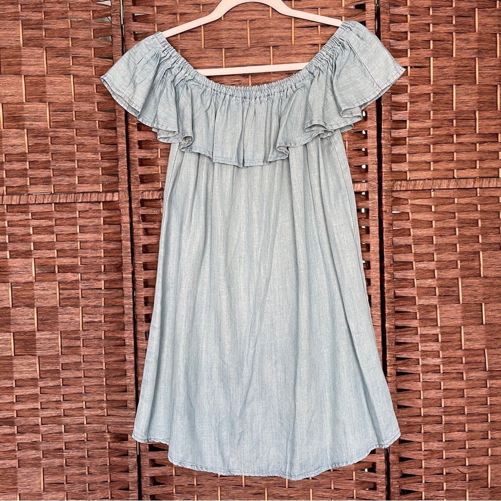 Lulu's Denim Blue Off-Shoulder Dress, Cottagecore, Coastal, Boho, Size S.